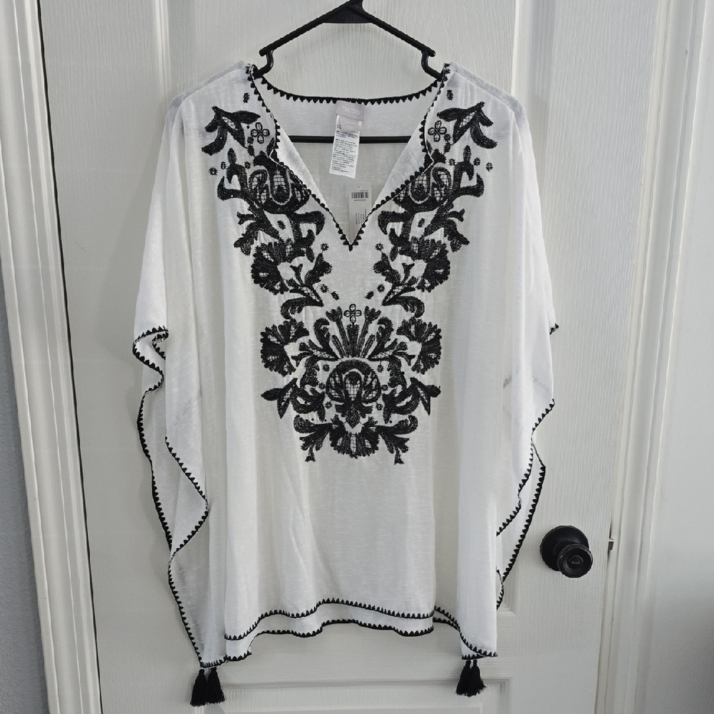 Chico's Black and White Embroidered Knit Poncho